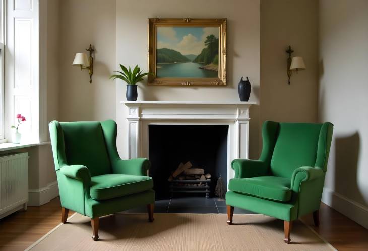 Elegant Vintage Green Armchairs in Front of a Fireplace  Classic Living Room Interior